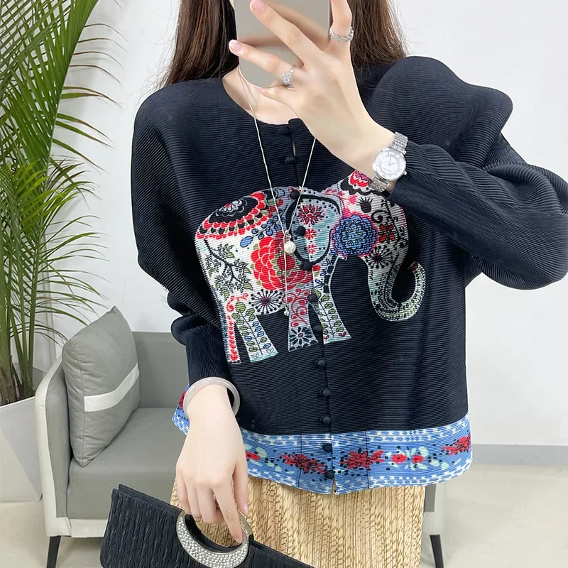 

Женский плиссированный кардиган миаке, Повседневная рубашка с длинными рукавами и принтом слона на тринадцати пуговицах, женская одежда, новинка 2024