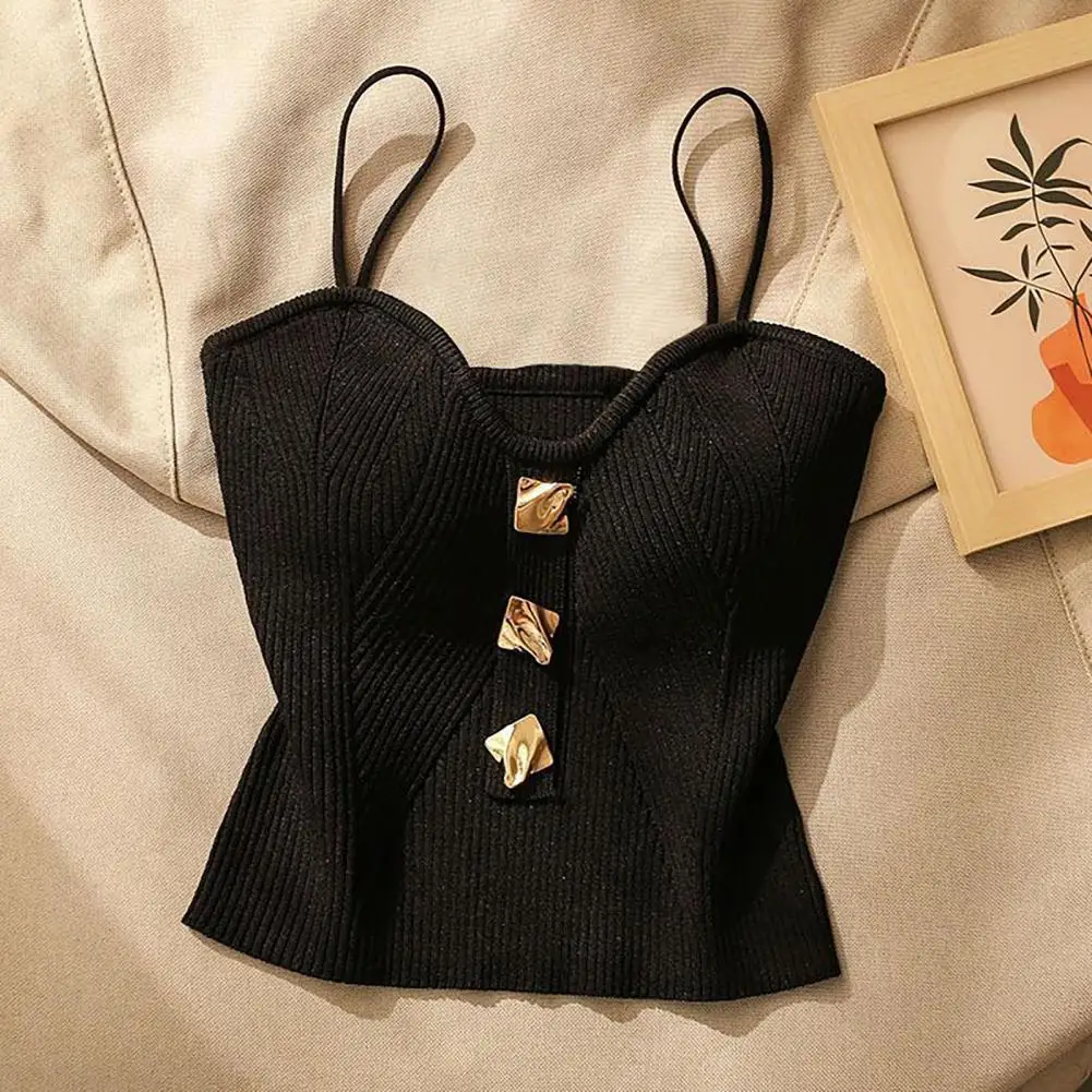 

Women Vest Elegant Knitted Spaghetti Strap Crop Top With Padded Backless Design V Neck Button Decor Women's Camisole Bottom Top