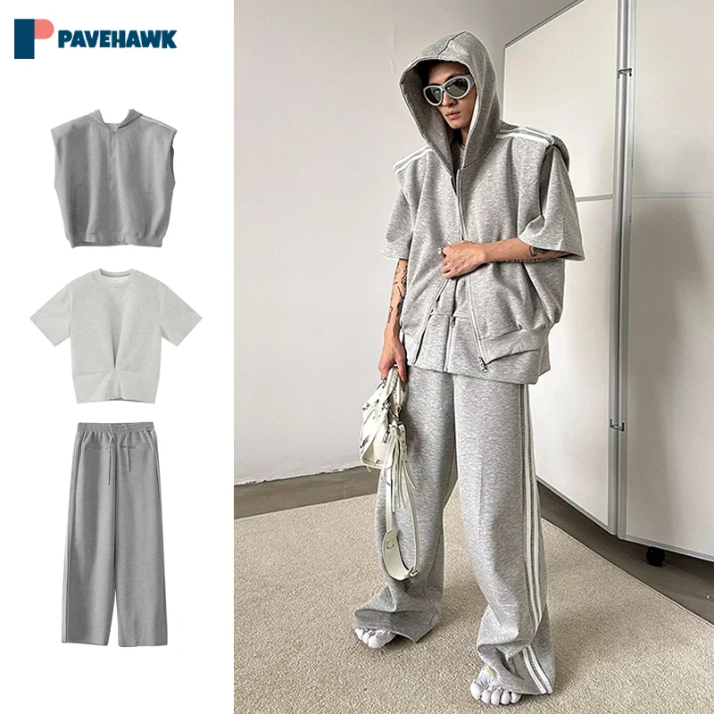 

Men Casual Sports 3pcs Sets Summer Stripe Shoulder Pad Sleeveless Vest Wide Leg Pants 2pcs Set High Street Short Sleeve Suits