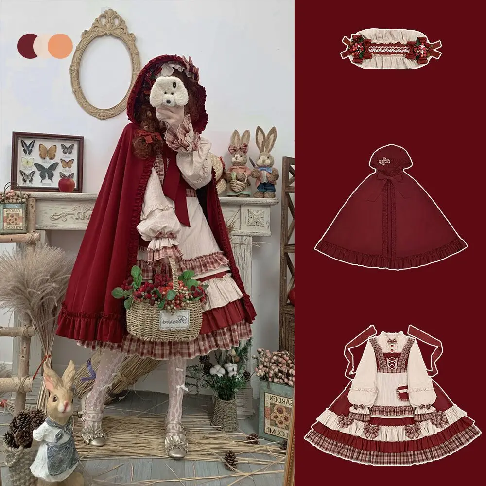 

Japanese Christmas Lolita OP Princess Dresses Vintage Red Cloak Girls Bow Patchwork Ruffles Long Sleeve Party Victorian Dress