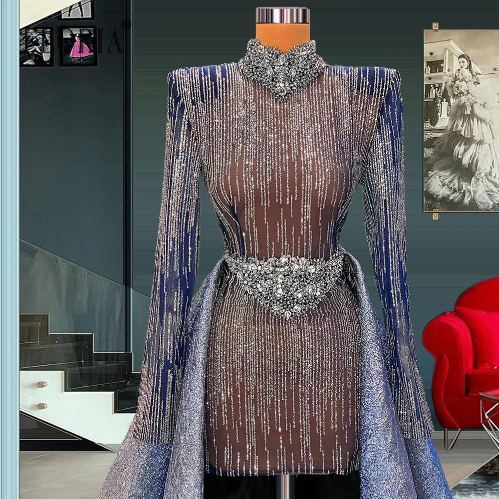 High Neck Long SLeeve Formal Evening Party Gowns with Overskirts 2022 Women Vestido De Novia Heavy Beads Celebrity Dresses white prom dress