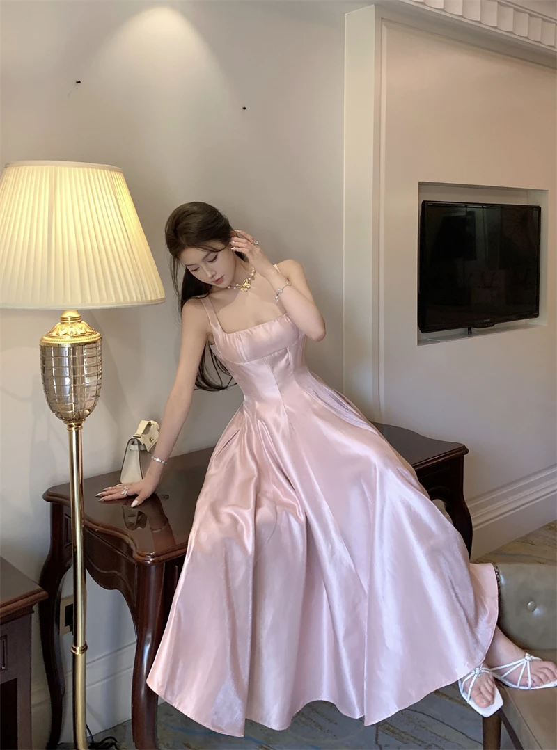 Elegant Satin Midi Dresses for Women Sleeveless High Waist Evening Party Dress A-line Prom Robe Korean Fashion Summer Vestidos
