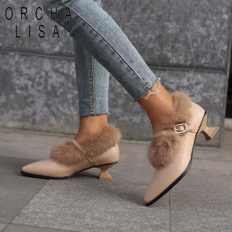 

ORCHA LISA Winter Warm Pumps for Women Pointed Toe Strange Heels Buckle Straps Plus Size 47 48 Mature Daily Female Plush Shoes