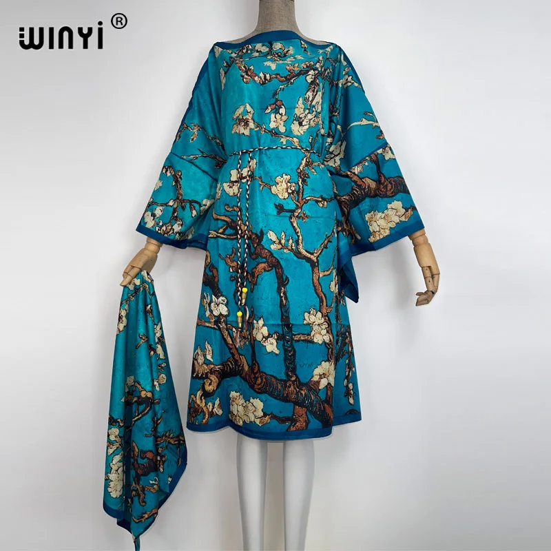 

WINYI 2022 Elegant Bohemian Summer Holiday party Beach Dress Women Cover-up Beachwear Kaftan long Sleeve Casual Maxi Dress