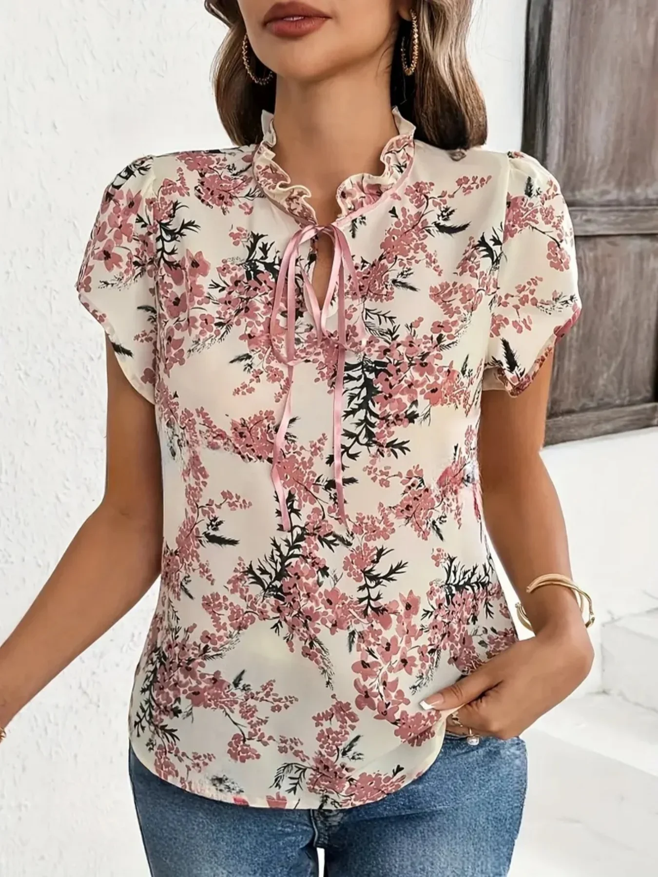 Plus Size Womens Shirt 2025 Spring Summer New Fashion High Neck Floral Print Short Sleeve T-Shirt Blouse 4