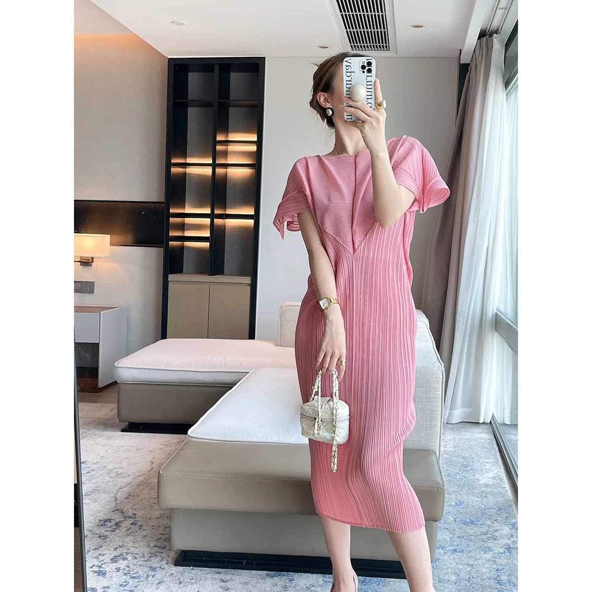 

2023 Summer slim pleated dress women short sleeve dress