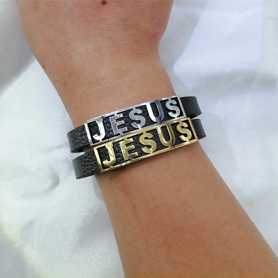 Religious Christian Jesus Bracelets Stainless Steel Leather Cuff Bangles Jewelry Accessories Gifts for Women Men 5