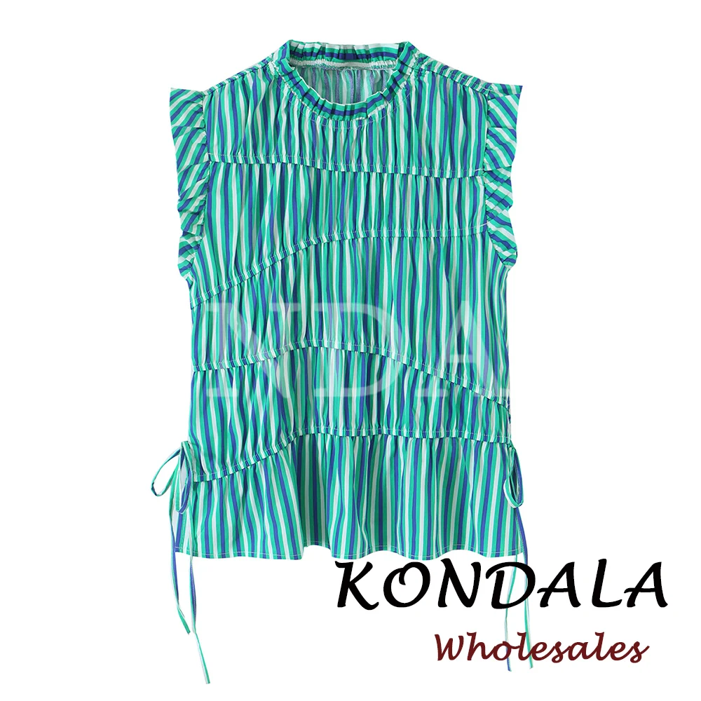 KONDALA Schicke Elegante Grün Gestreifte Strandmode 2026 Herbst Damen Tops Urlaub Y2K Plissierte Schnür-Modern-Streetwear Mujer Westen