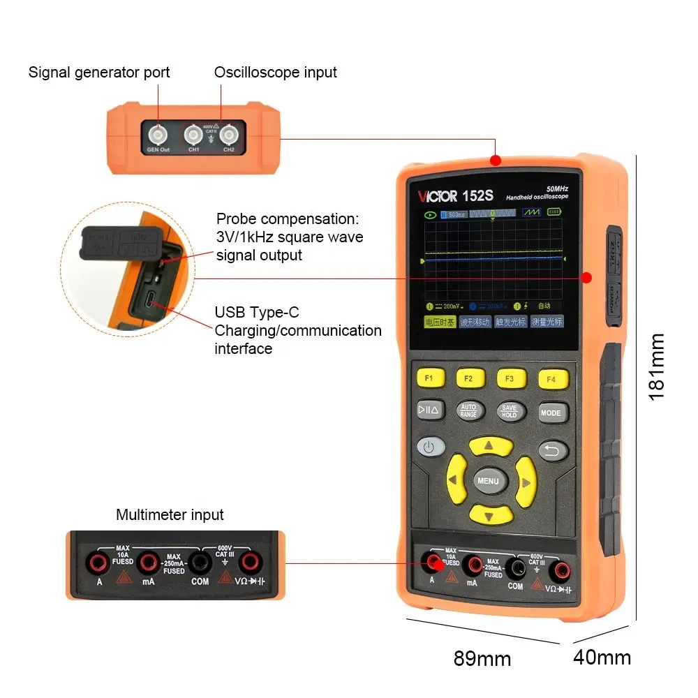 VICTOR 152S NEW Handheld Oscilloscope 2 Channels 50MHz 2200mAh