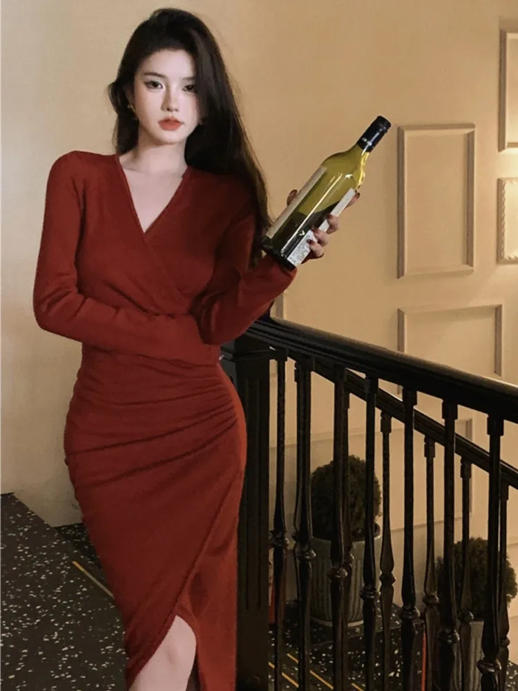 

Red Knitted Dress Women Long Sleeve V-Neck Split Solid Midi Dresses Sexy Bodycon Chrstmas Party Fashion Clothing Spring Autumn