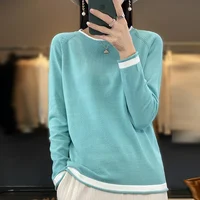 100% Cotton Knitwear Women's Round Neck Sweater Spring And Summer New Loose Color Matching Cotton And Linen Bottoming Shirt