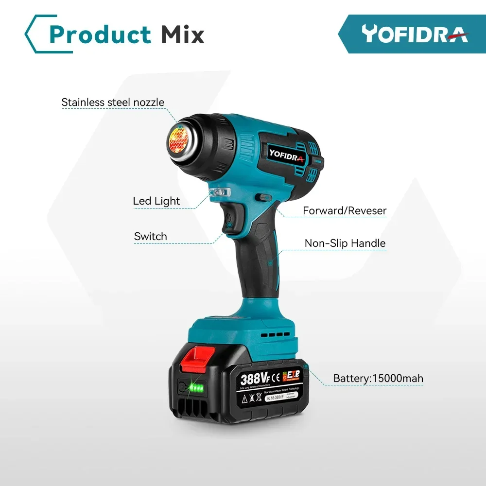 YOFIDRA 2000W Electric Heat Gun for Makita 18V Battery Cordless Handheld Hot Air Gun with 3 Nozzles Industrial Home Hair Dryer 5