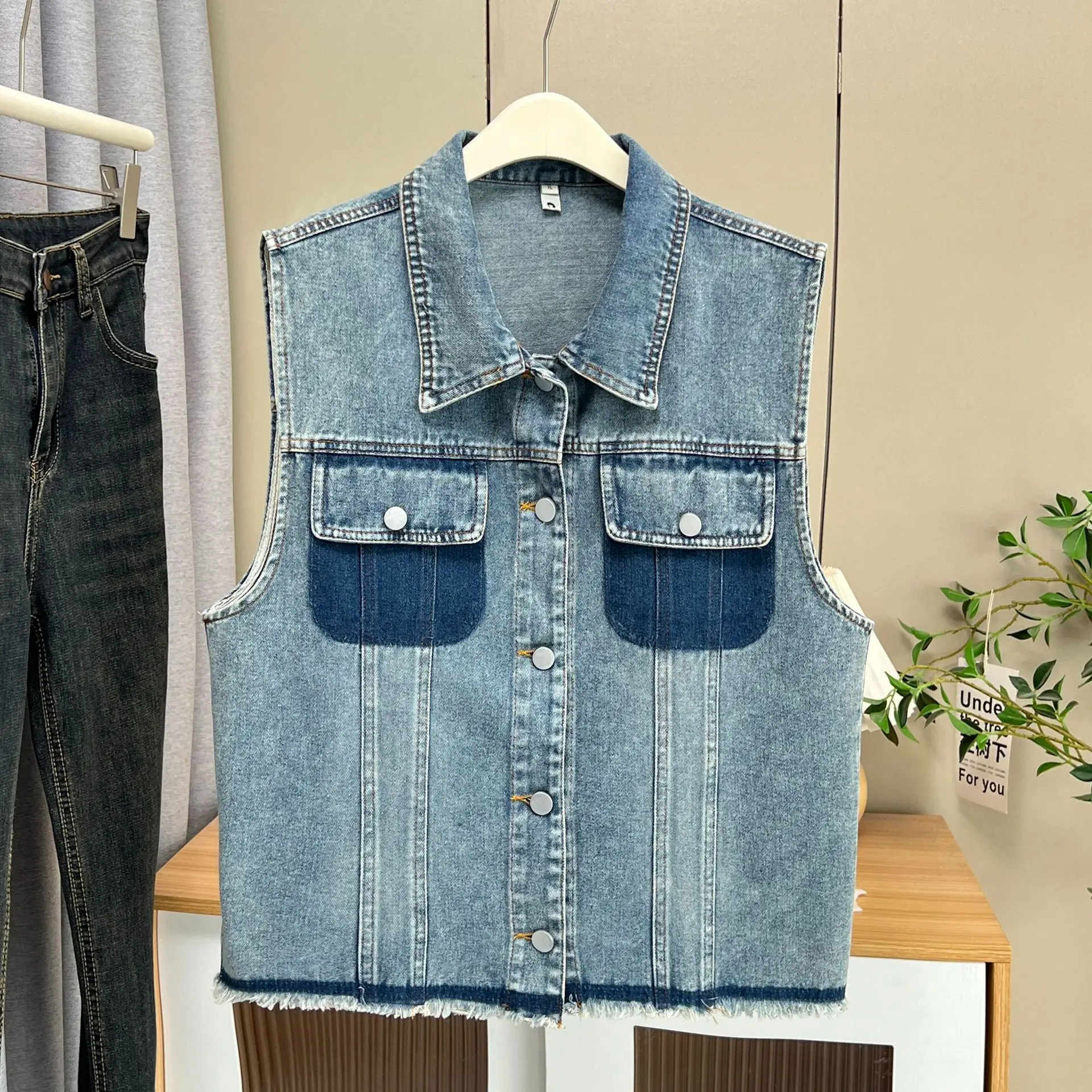 XXXXL Fashion Plus Size Women's Denim Vest Autumn Casual color-blocking Retro Sleeveless Coats 8316