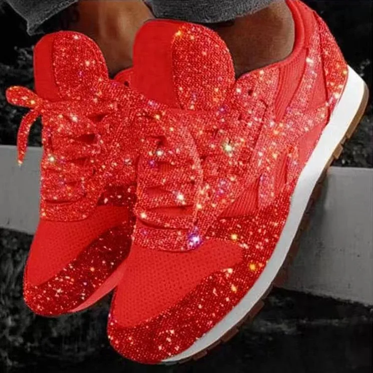 Women Casual Glitter Shoes Mesh Flat Shoes Ladies Sequin Vulcanized Shoes Lace Up Sneakers Outdoor Sport Running Shoes