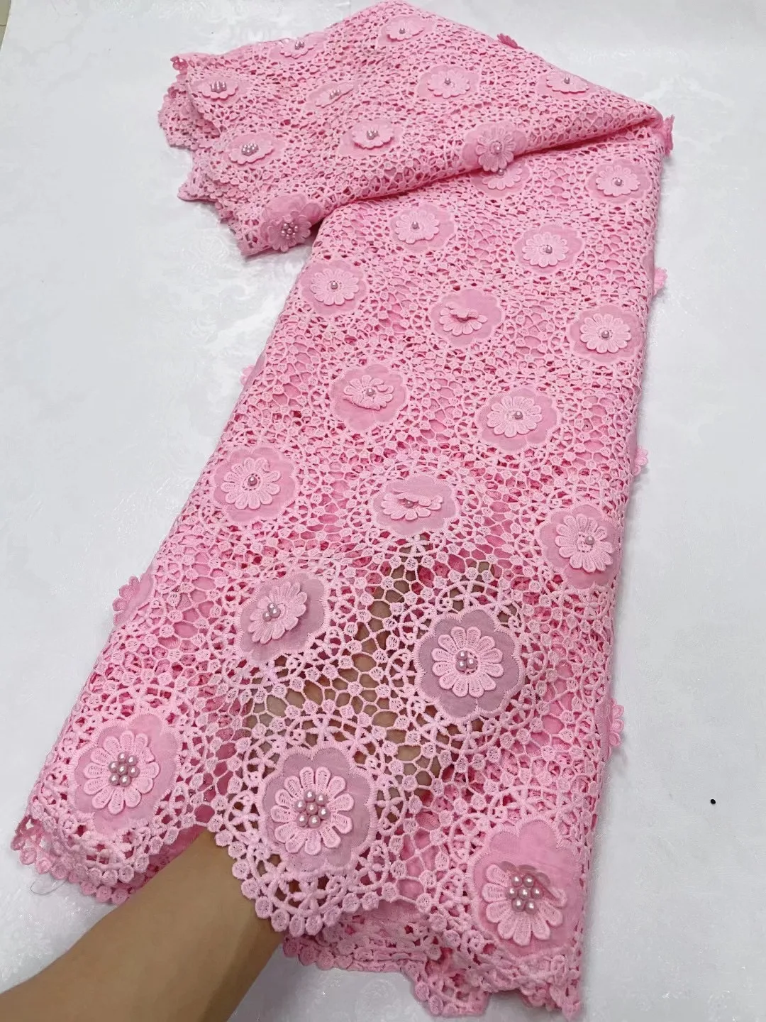 

New Design African Guipure Cord 5 Yards Lace Fabric 2023 High Quality French Punch Pearls Lace Fabric For Women Prom Cloth Dress