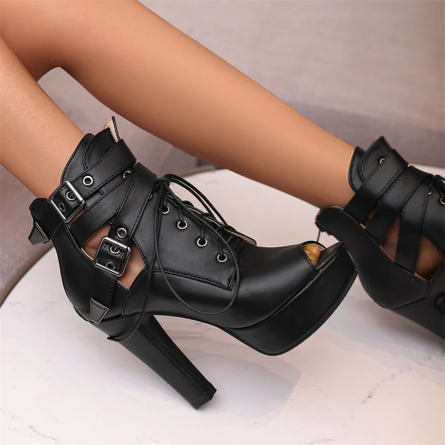 

Luxry Women Boots 2023 Open Toe Thick Heel Zip Lace Up Buckles Platform Party Peep Toe Women Sandals Big Size 40-50 Dropshopping