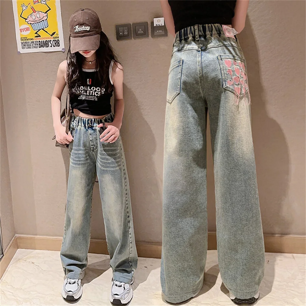 24006 자수 와이드 레그 팬츠, 패셔너블한 어린이 청바지, 여아 데님 청바지, 루즈한 캐주얼 바지