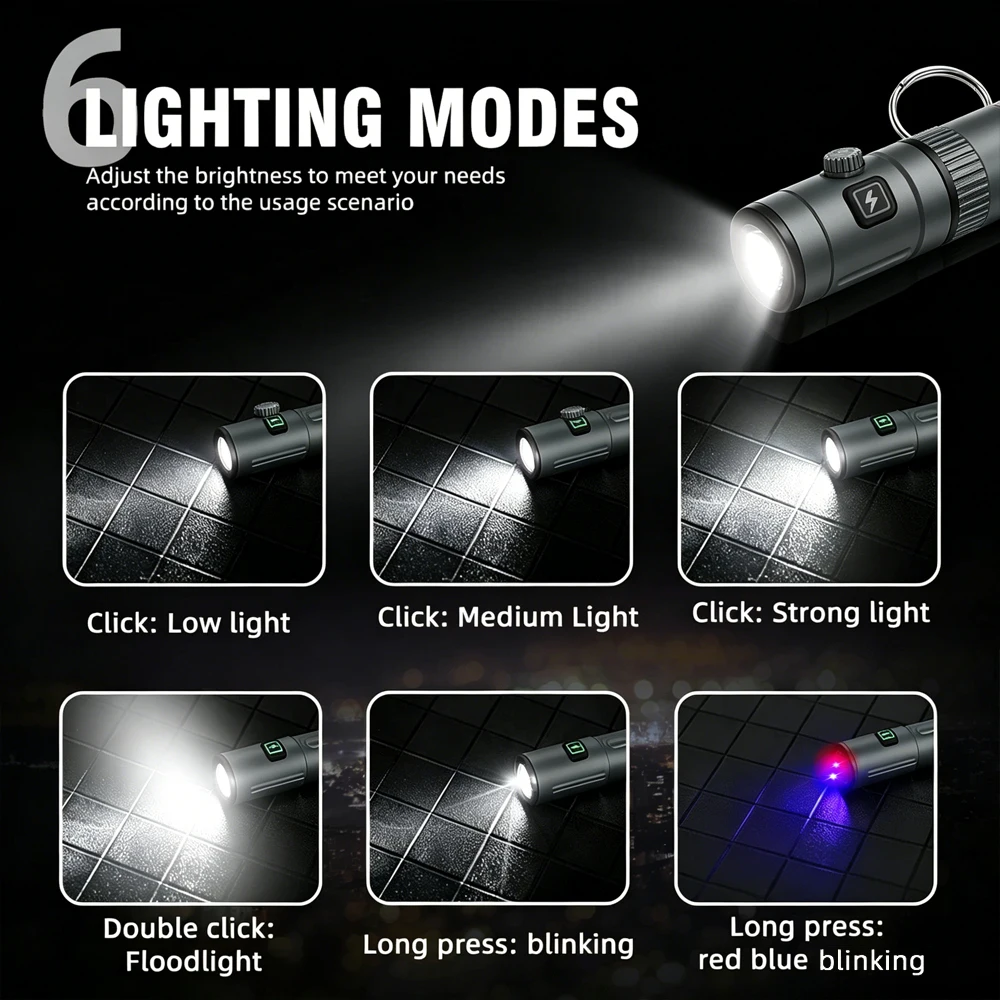 Compact USB Rechargeable LED Keychain Flashlight with Necklace - Portable 6-Mode Lantern for Camping and Emergencies