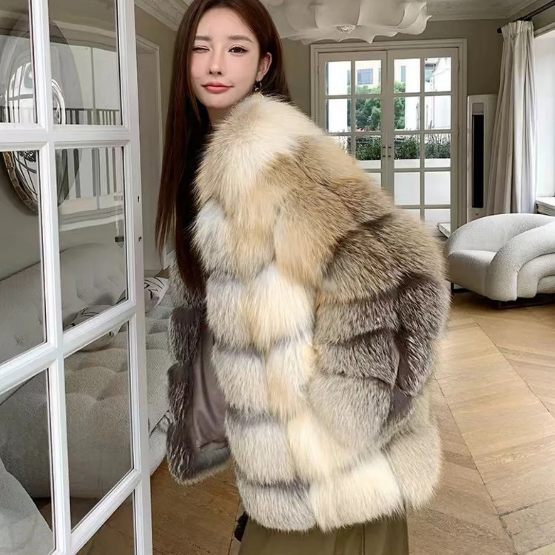 고급 여성용 겨울 코트, V넥 미디 길이, 골든 아일랜드 폭스 퍼 프린트 패턴, 캐주얼 아우터웨어, 패셔너블하고 따뜻함
