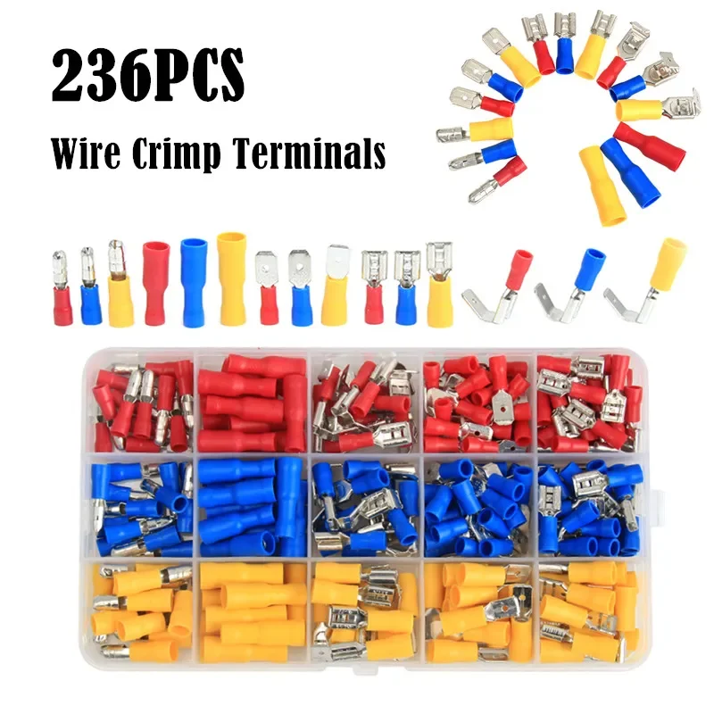 258/236/122PCS 절연 전기 와이어 압착 커넥터 스페이드 버트 링 포크 링 러그 압연 터미널 압착 플라이어 도구 키트