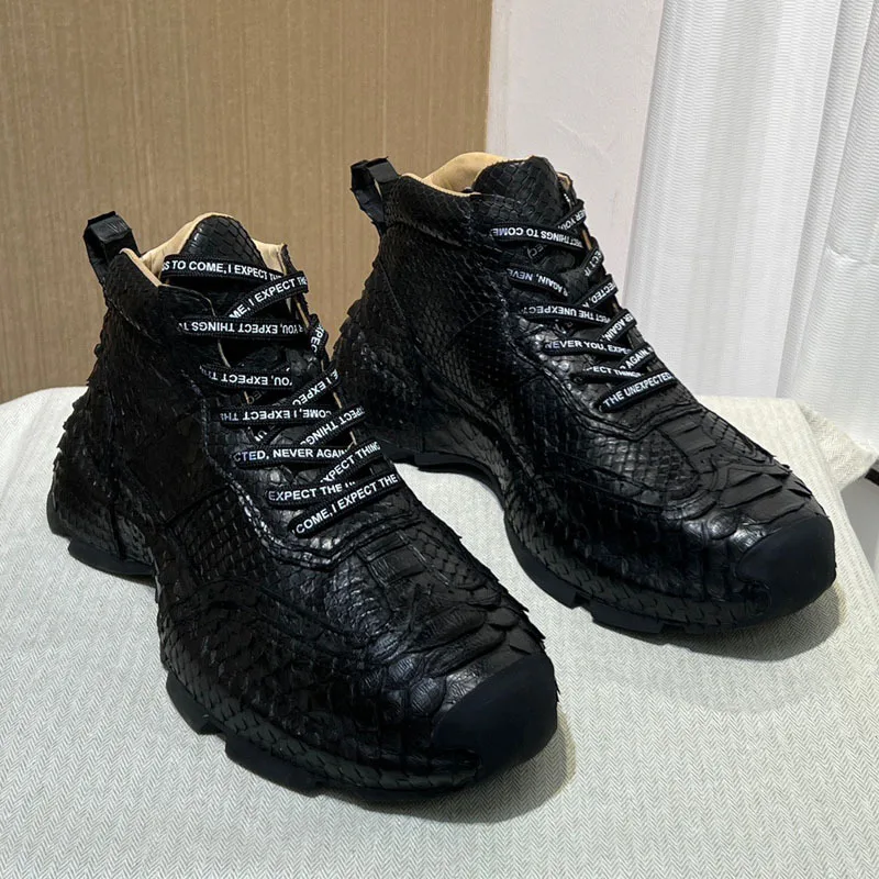 Men's Shoes Autumn Winter Python Snake Skin High Top Casual Versatile Real Leather Men's Black Trendy Wear-resistant Shoes