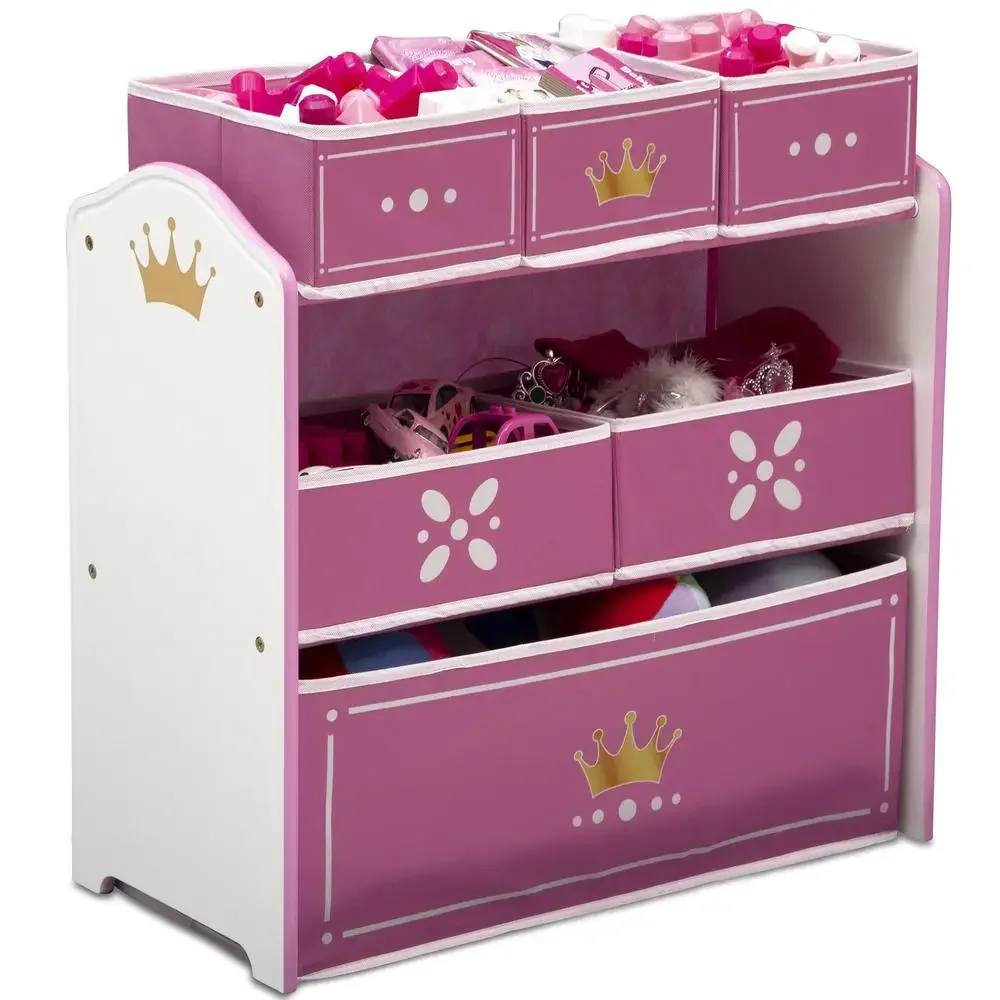 Princess Crown Multi-Bin Toy Organizer Storage Rack Kids 3  Metallic Gold Crown Emblems Easy Assembly Durable Wood and Fabric 2