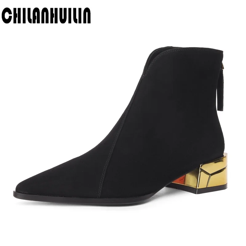 

luxury genuine suede leather sculpture high heels black ankle boots for women autumn winter shoes sexy pointed toe botas mujer