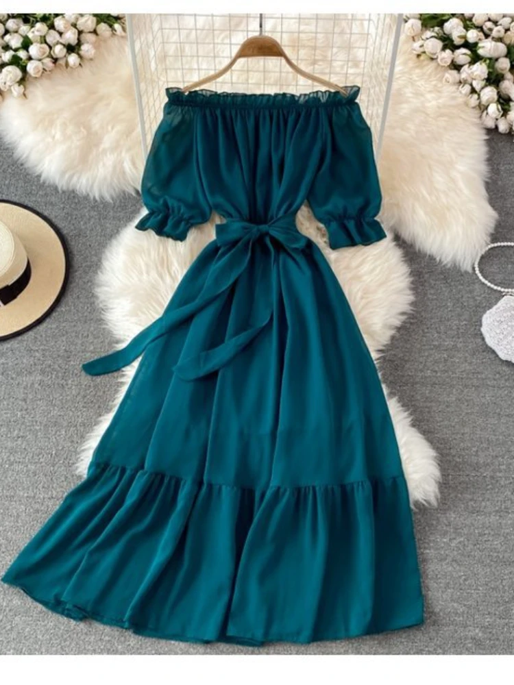 Beach Dress Women Sexy Off The Shoulder Slash Beach Chiffon Dresses Ladies Elegant A Line Bandage Party Dress Long Robe