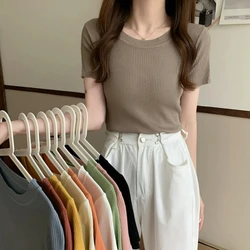 Knit Slim Aesthetic Short Sleeve T Shirt Solid White Green Fashion Woman Blouse 2023 Summer Free Shipping