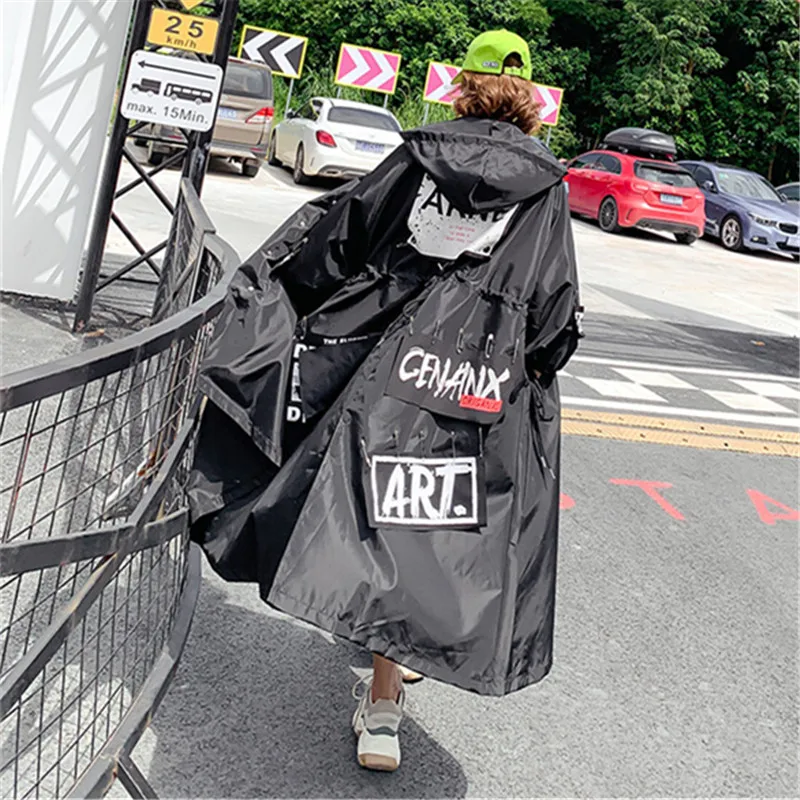 

Women Spliced Black Trench For Fashion Tide Long Print Letter Hoodie Windbreaker Streetwear Casual Female Wide Waisted Coat