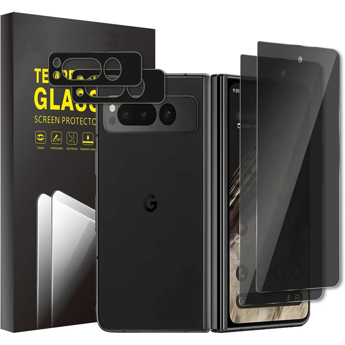 [2 Pack]Film Anti-Spy Privacy Screen Protector Tempered Glass+[2 Pack]Camera Lens Protector For Google Pixel Fold 5G (2023)