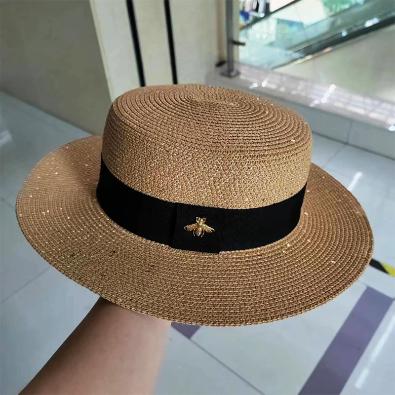 Ladies Sun Fedora Hats Small Bee Shiny Straw Hat European American Retro Gold Braided Female Sunshade Flat Sequins Hat 6