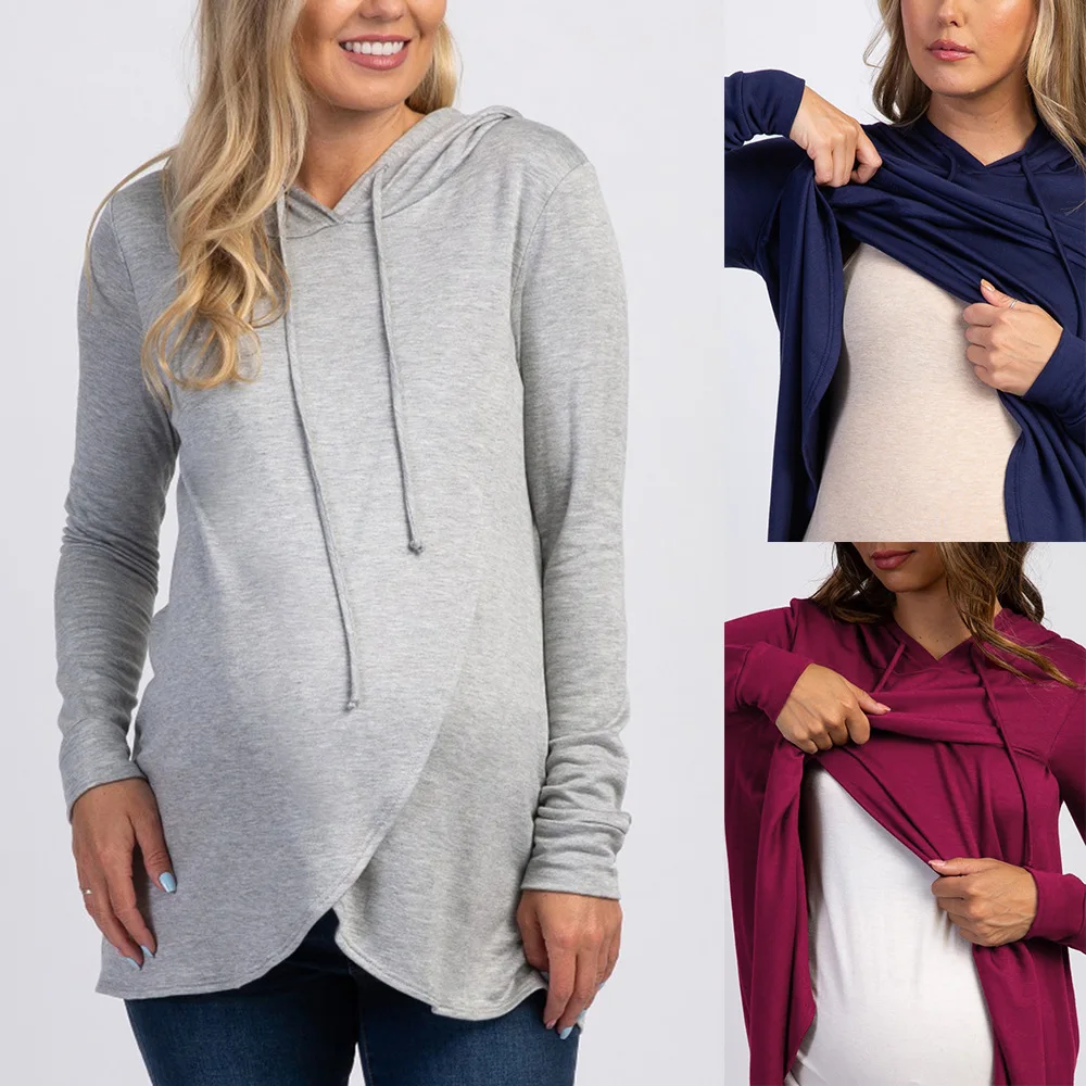 

2024 Spring Maternity Hoodies for Nursing Solid Color Hooded Sweatshirts Pregnant Women's Breastfeeding Sweatshirt Lactation Top