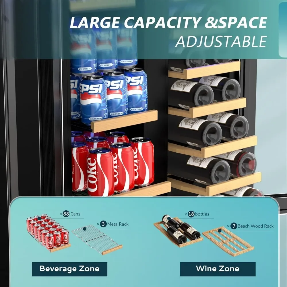 Wine Cooler with Glass Door Hold 21 Bottles and 88 Cans, 24 Inch Dual Zone Wine Refrigerator with Blue LED Light 4