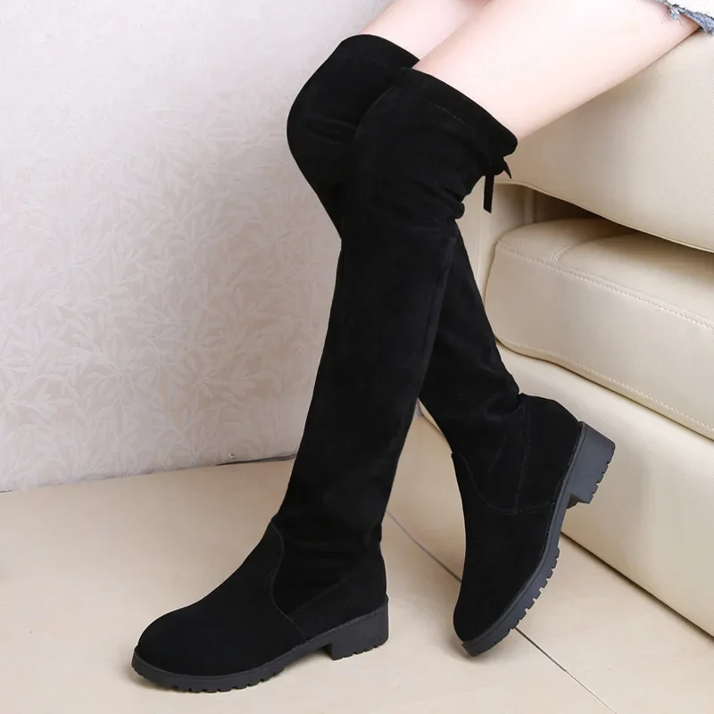 Winter women new knee high boots Round toe elastic anti slip shoe Suede Sexy Lace Up Fashion Boot Warm ladies Shoes Botas mujer