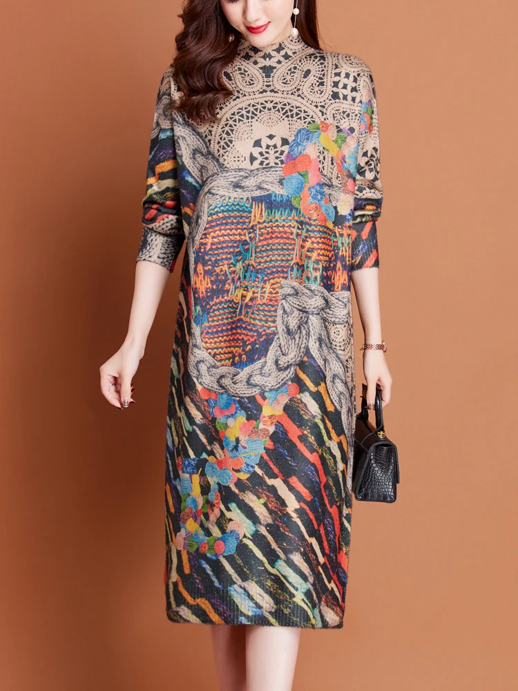 

Print Sweaters Dress Autumn Winter Casual Pullovers Knitwear Jumper Pull Elasticity Thick Long Sweater Women