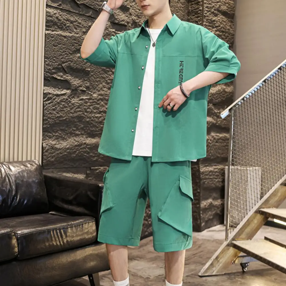 Shirt Shorts Set Men's Summer Sport Outfit Half Sleeve Shirt Elastic Waist Shorts Set with Pockets Loose Fit Solid Color Style