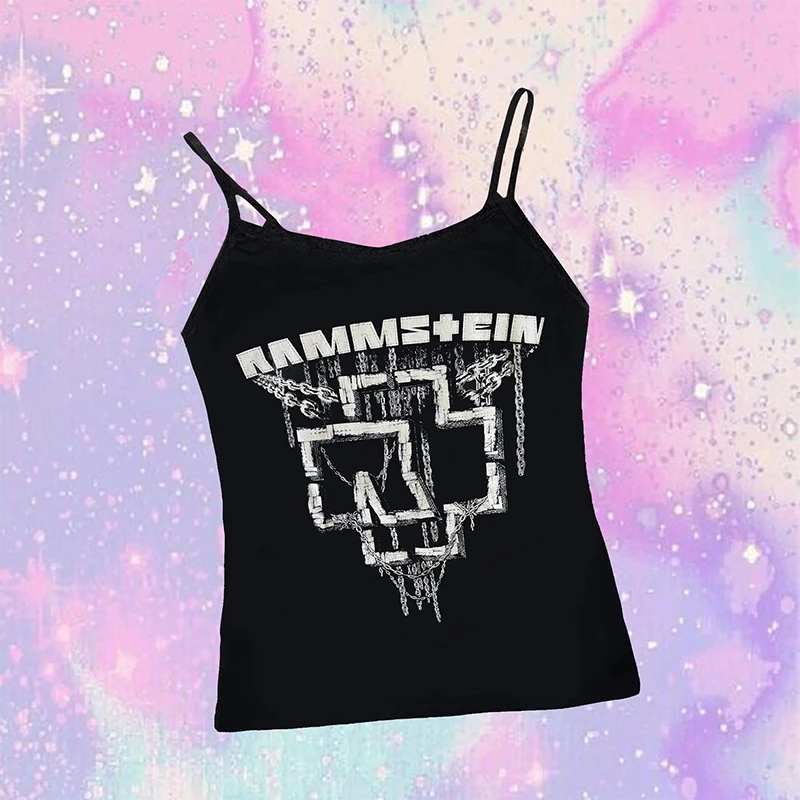 하라주쿠 \ 하이 스트리트 Y2K 고딕 이모 빈티지 민소매 탱크 탑 프린트 조끼, Y2K 미적 스트리트웨어, 여성 슬림핏 크롭탑 