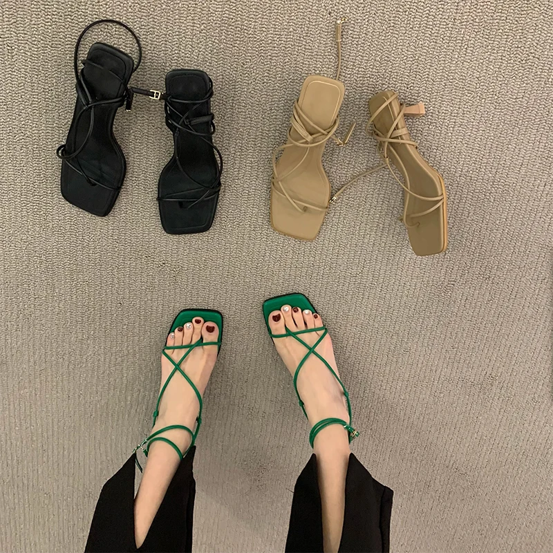 Fashion Women Sandals Narrow Band Summer Square Toe Solid Female Thin Heels  Ladies Buckle Strap Wedding Party Shoes 2022 - Women's Sandals - AliExpress