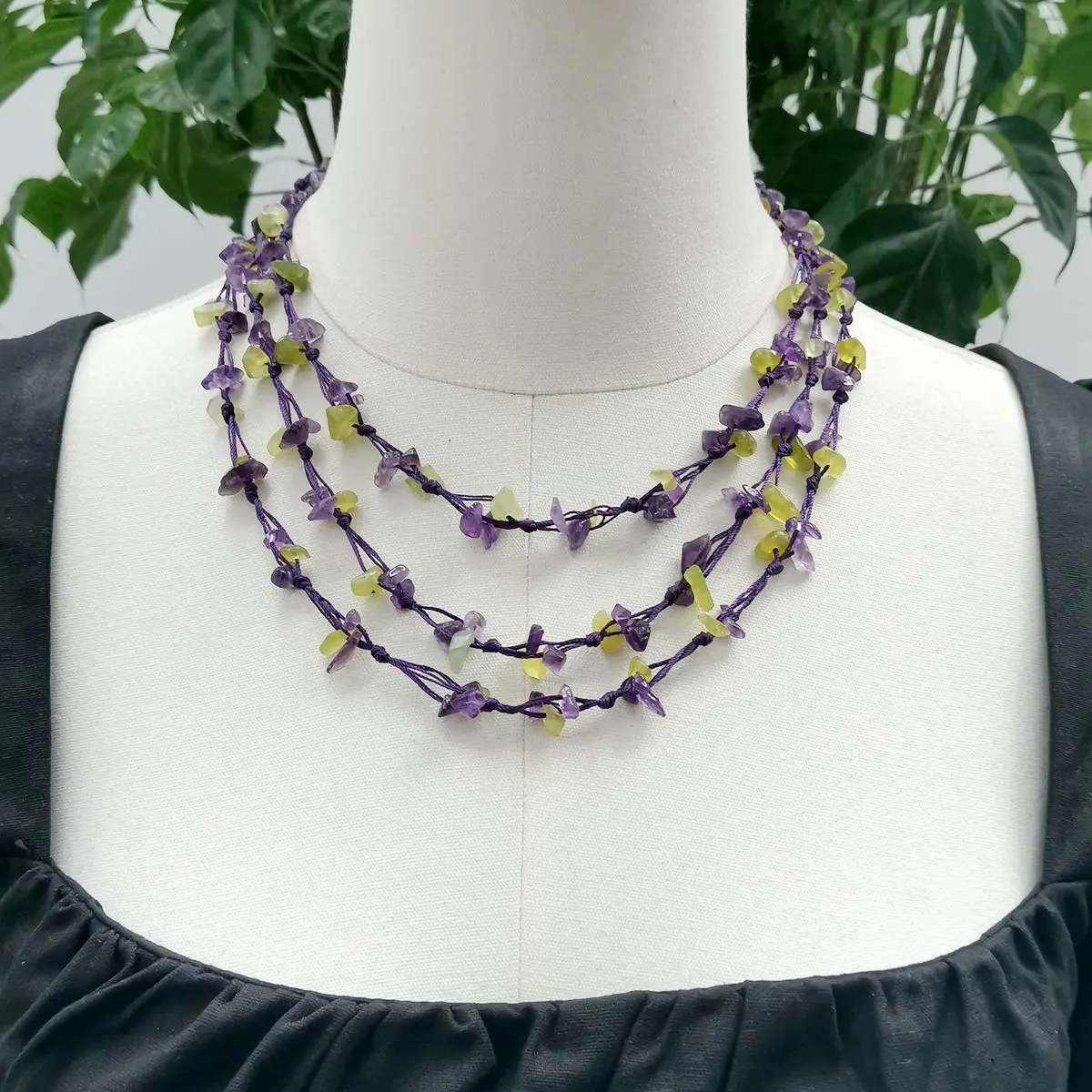 

Lii Ji Purple Green Necklace Lemon Jade Amethyst Statement Necklace 49-50cm Women Jewelry Stock Sale