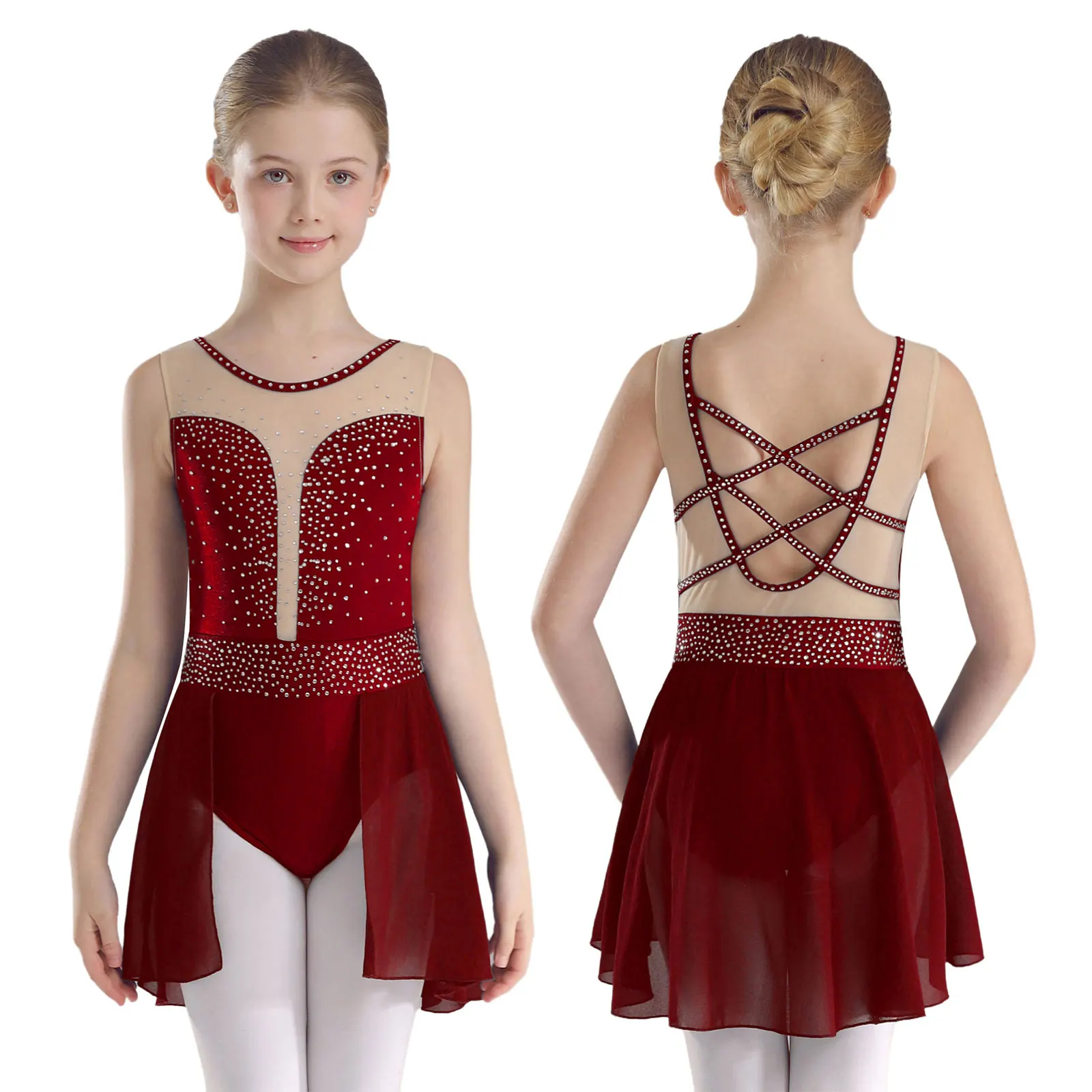 thumbnail image 1 of Niños Niñas gimnasia Ballet Jersey patinaje artístico vestido de baile lírico diamantes de imitación brillantes espalda en U falda tutú leotardo Ropa de baile, 1 of 5