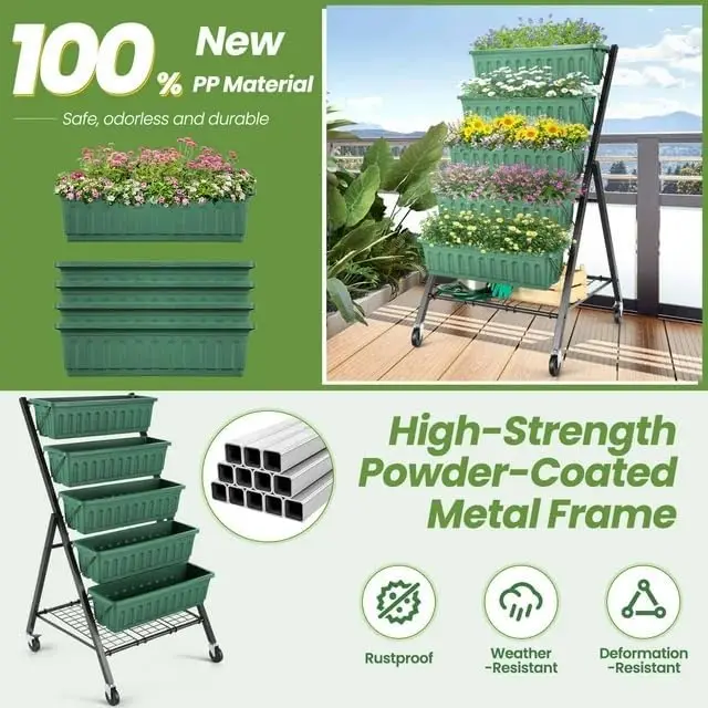 Vertical Raised Garden Bed Planter Box5 Tiers Vertical Garden Planter with Drainage System&4 Hooks for Plants Vegetables Flowers 3