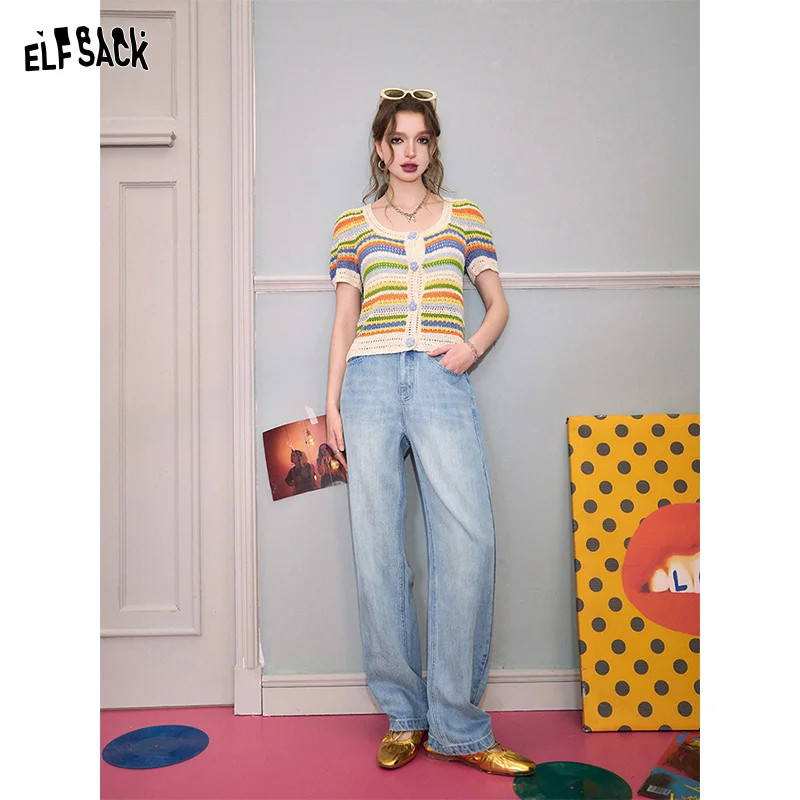 ELFSACK Light colored silk cotton straight leg jeans for women in spring 2024, new loose high waisted wide leg pants