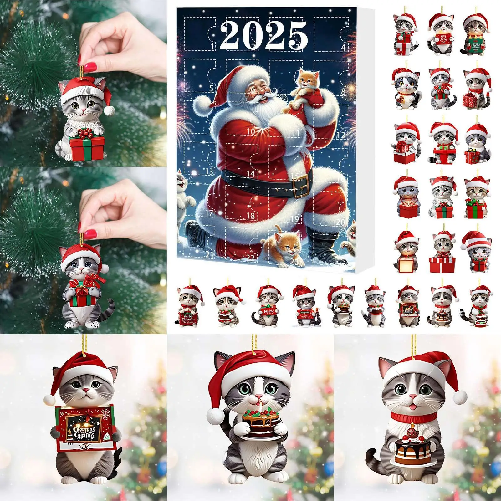 24 Day Cartoon Cat Ornaments Christmas Countdown Cute 2D Acrylic Kitten Decor Christmas Ornaments for Xmas Tree Party Decoration