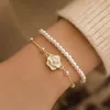 Vintage White    Flower Bracelets For Women   Double Layer Simulated Pearl Beads