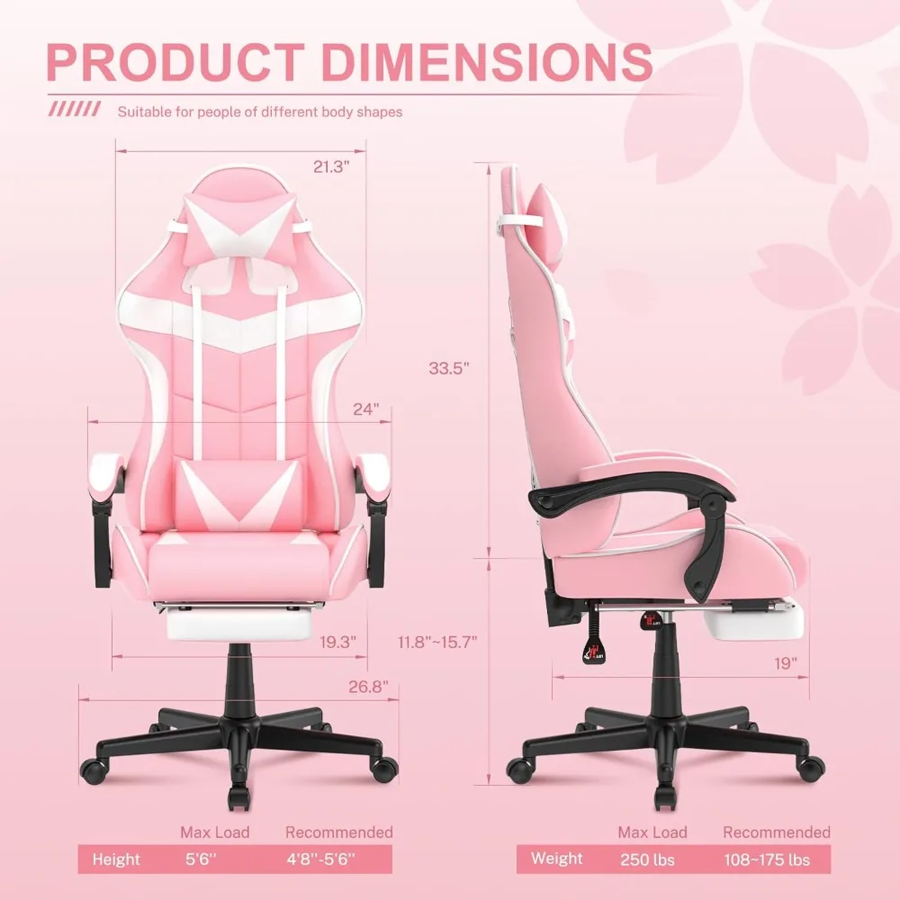 Pink Gaming Chair with Footrest, Bunny Ears, Ergonomic Design, Adjustable for Girls Women