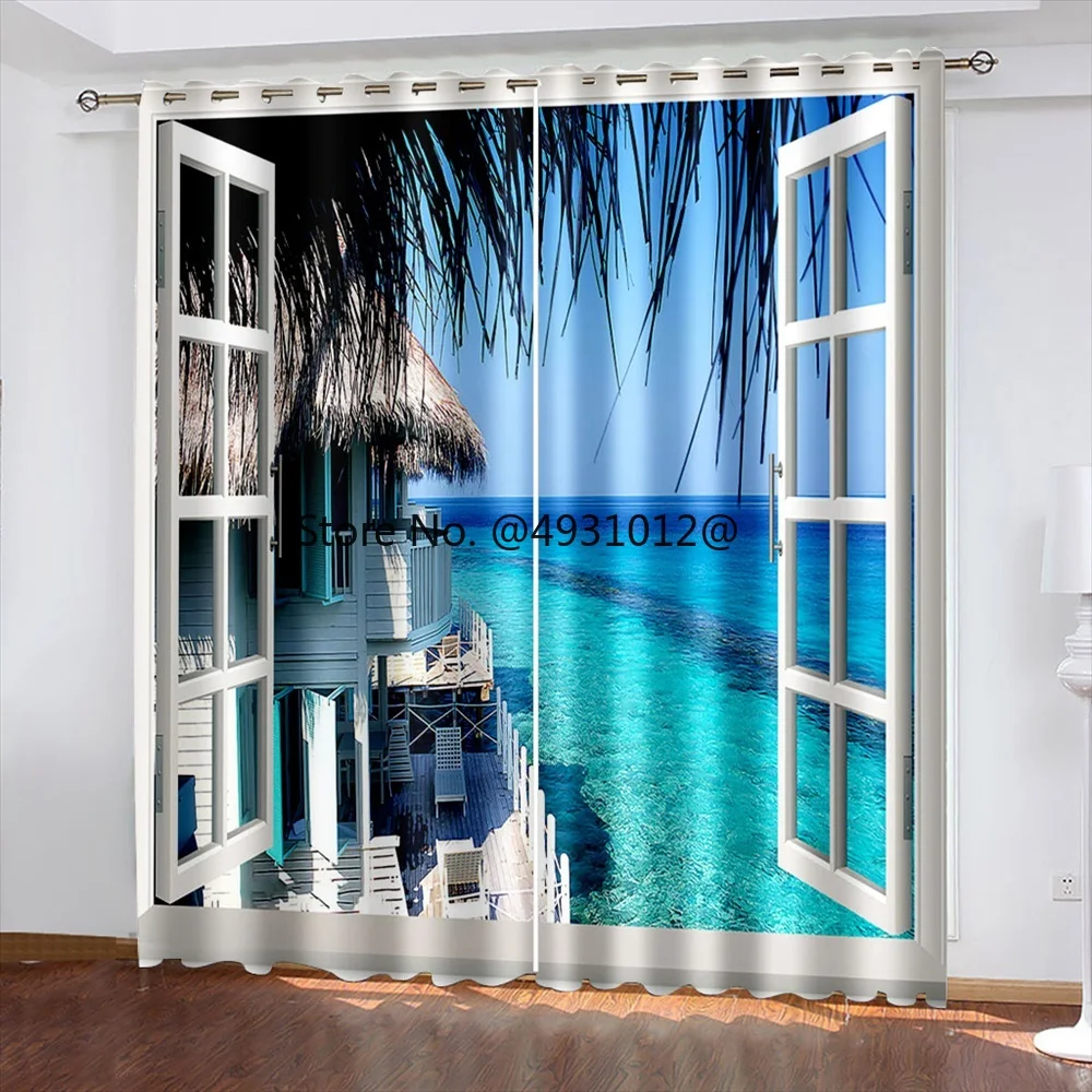 

2023 Beach Scenery at Sunset is Natural 2 Pieces Shading Window Curtains for Living Room Bedroom Decoration Blackout Drapes