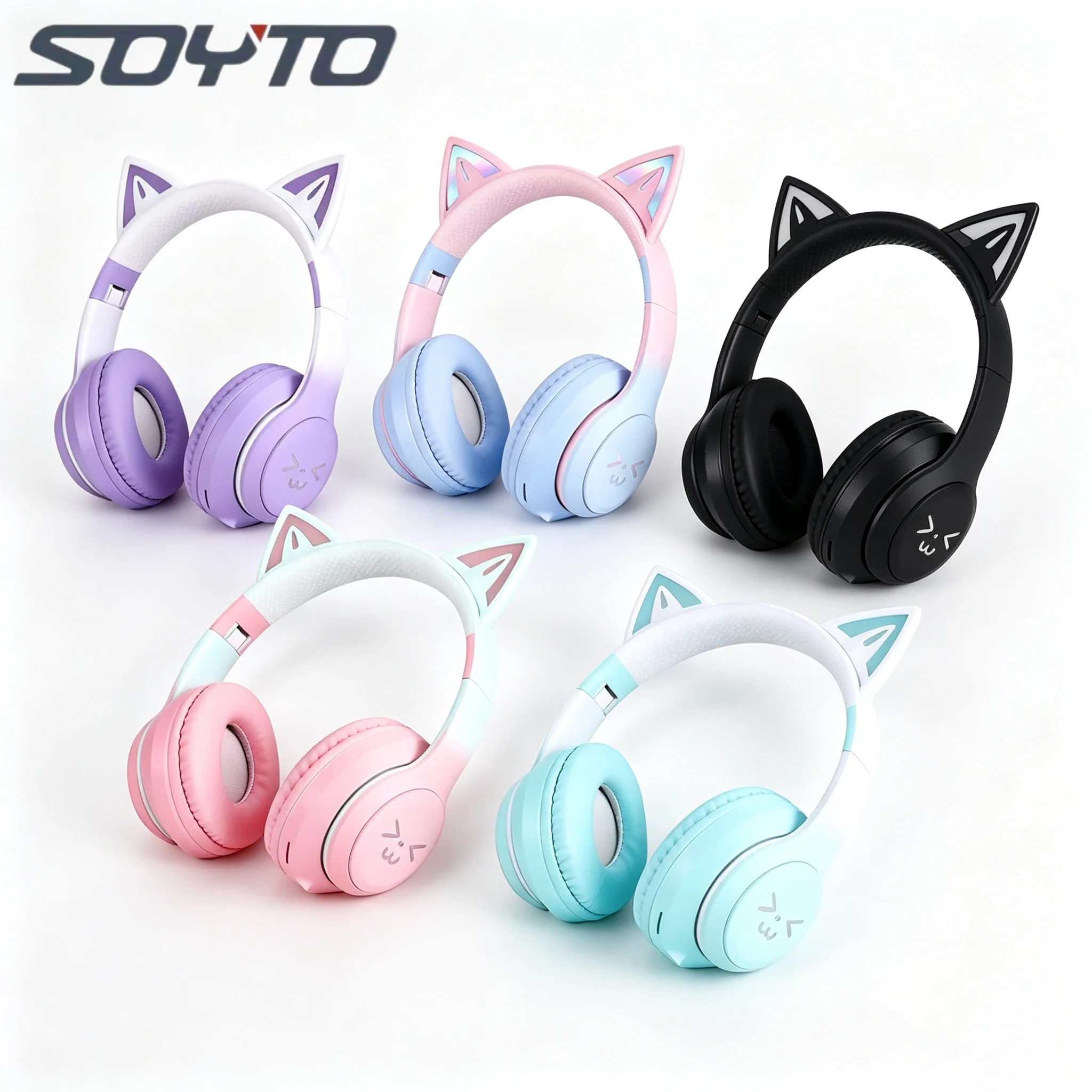 SOYTO 고양이 귀 무선 블루투스 5.1 헤드폰 소음 차단 스테레오 이어폰 소녀들을 위한 패션 아름다운 노트북 전화