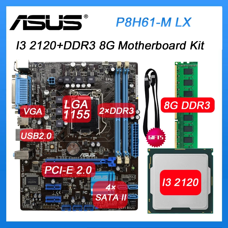 

Комплект материнской платы ASUS LGA 1155 Φ LX с intel Core I3 2120 процессорами и DDR3 DIMM 8G SATA 2 USB2.0 Intel H61 ATX