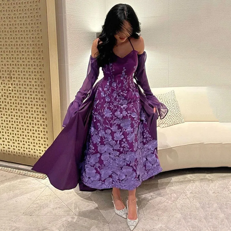 

Smileven Lace Purple Prom Dress A Line Tea Length Robe de Soiree Long Sleeve Evening Party Gowns Knee Length Evening Dress 2023